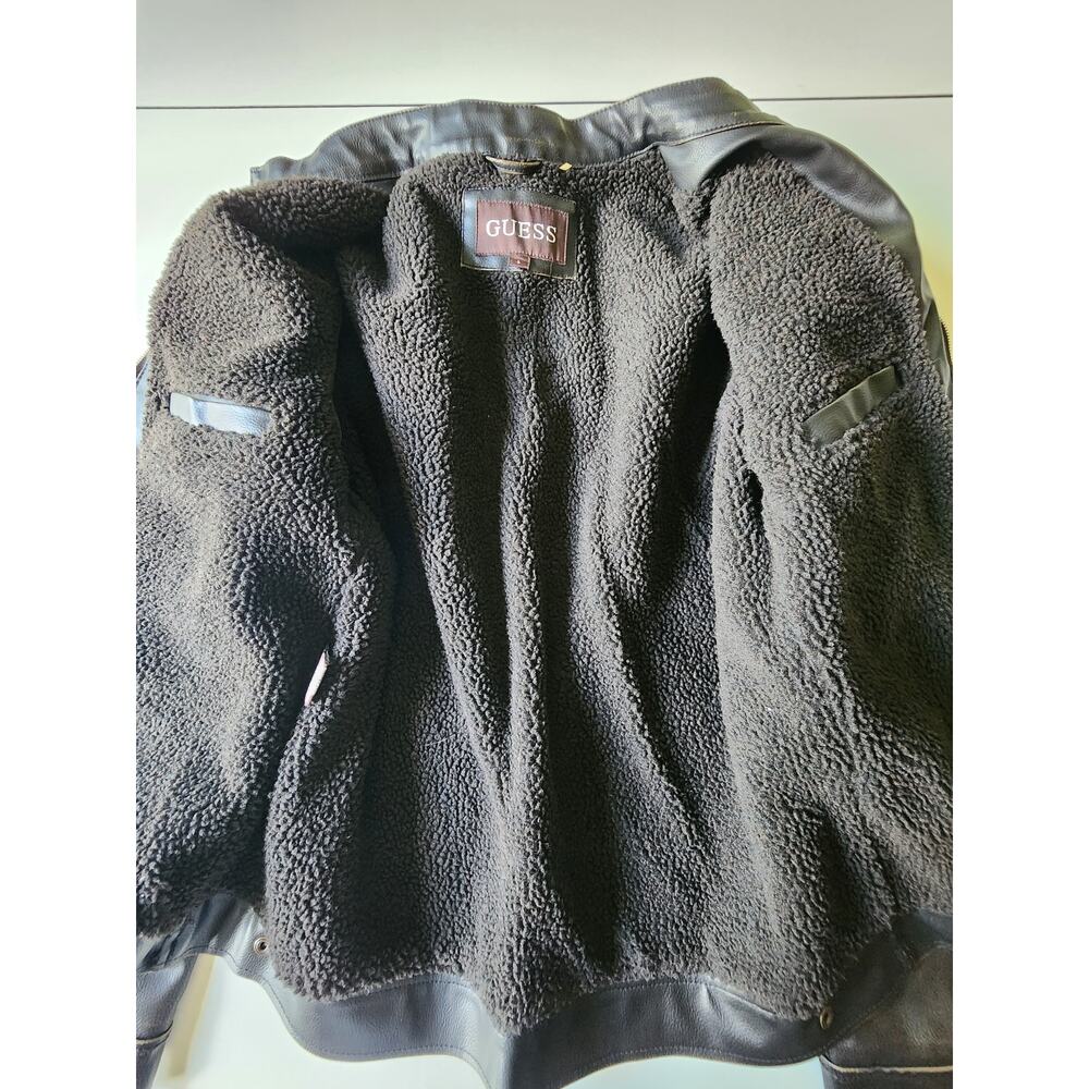 Vintage Guess‎ Faux Leather Bomber Jacket Mens Large Distressed Brown - Picture 4 of 7